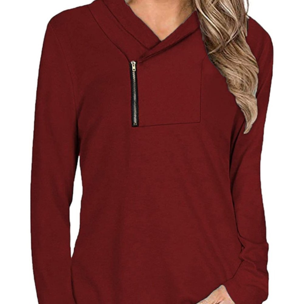 Luckymore Cowl Neck Pullover Long Sleeve Tunic Top with Zipper, Size M